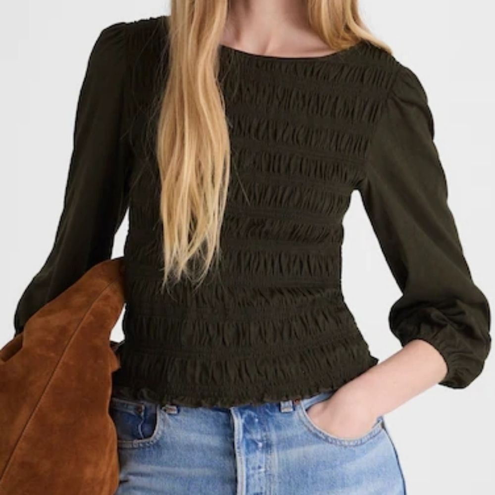 Madewell Smocked Boatneck Puff Sleeve Top Jet Black Slim XL Minimalist Feminine